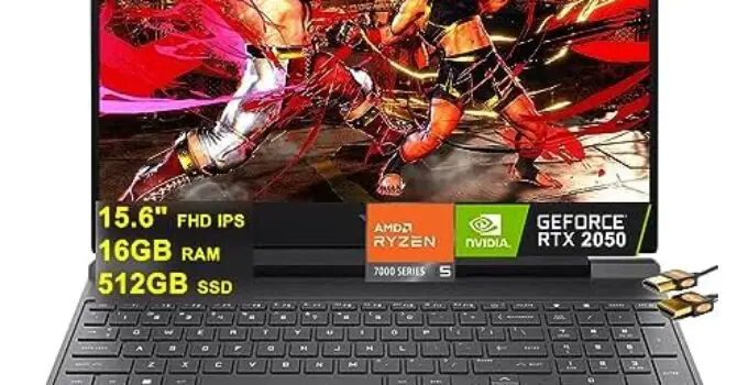 HP Victus 15 Gaming Laptop 15.6″ FHD IPS 144Hz AMD 7000 Series Hexa-Core Ryzen 5 7535HS (Beats i7-11800H) 16GB RAM 512GB SSD GeForce RTX 2050 4GB Graphic Backlit USB-C B&O Win11 Black + HDMI Cable