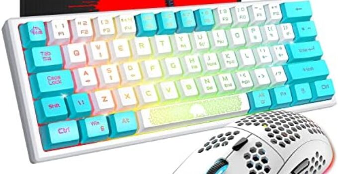 60% Gaming Keyboard and Mouse Combo Samll Mini RGB Backlight Mechanical Feeling and Mechanical RGB 6400 DPI Honeycomb Optical Mouse,Gaming Mouse pad for Gamers and Typists (White & Blue)
