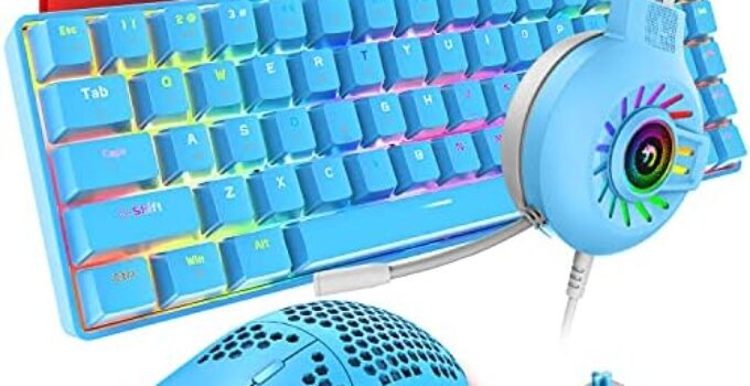 60% Mechanical Gaming Keyboard and Mouse and Mouse pad and Gaming Headset,4 in 1 Wired 68 Keys LED RGB Backlight Bundle for PC Gamers,Xbox,PS4 Users (Blue/Blue Switch)