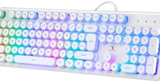 ANSWK Gaming Keyboard Typewriter Style with Rainbow LED Backlit, Quiet Mechanical-Feel Floating Keys, Spill Resistant, USB Wired Retro Membrane Keyboard 104 Keys for PC Mac, White