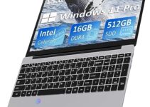 Auusda Laptop Computer with 16GB DDR4 512GB SSD, Intel Celeron N5095 Up to 2.9 GHz, 15.6″ FHD IPS LCD, BK, Fingerprint Unlock, Cooling Fan, Webcam, Dual Speakers, Mini HDMI, USB-A x 2, Windows 11 Pro