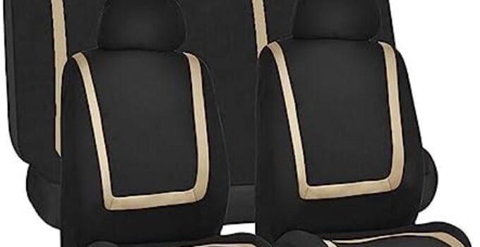 BELOMI Car Seat Covers Full Set, Breathable Premium Cloth Automotive Seat Cover, Universal Front and Rear Seat Covers, Easy to Install Car Accessories for Most Cars Trucks SUV (Beige)