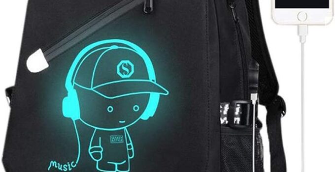 FLYMEI Mochila luminosa de anime para niños, mochila para laptop de 15.6 pulgadas con puerto de carga USB, bolsa de libros para la escuela con bloqueo antirrobo, mochila negra para adolescentes para niños, Negro, 17.7” X 11.8” X 5.5”