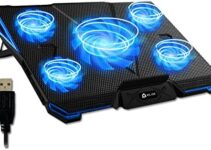 KLIM Cyclone Laptop Cooling Pad with 5 Quiet Fans – New 2023 – Gaming Laptop Cooling Pad – Stable Laptop Stand with Fan – Compatible up to 17″- 5 Year Warranty – PC Mac PS5 PS4 Xbox One – Black Blue