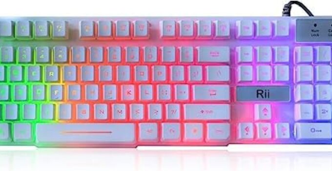 Rii RK100+ White Gaming Keyboard,USB Wired Multiple Colors Rainbow LED Backlit Large Size Mechanical Feeling Ultra-Slim Multimedia Office Keyboard Non-Slip for Primer Gaming and Working,Office Device