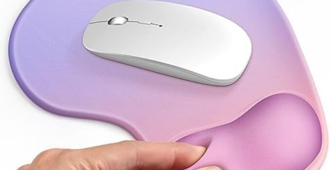 Soqool Mouse Pad, Ergonomic Mouse Pad with Comfortable Gel Wrist Rest Support and Lycra Cloth, Non-Slip PU Base for Easy Typing Pain Relief, Durable and Washable, Pink Purple