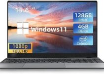 Windows 11 Laptop 15.6 Inch Intel Celeron N3350,4GB RAM+128GB EMMC, FHD 1366 * 768 IPS Display, Thin & Light Notebook, Backlit Keyboard, Finger Print, USB3.0, mHDMI, All-Metal Body