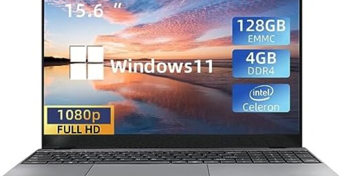 Windows 11 Laptop 15.6 Inch Intel Celeron N3350,4GB RAM+128GB EMMC, FHD 1366 * 768 IPS Display, Thin & Light Notebook, Backlit Keyboard, Finger Print, USB3.0, mHDMI, All-Metal Body