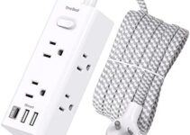 10 Ft Small Power Strip Surge Protector for Travel Office Dorm Home, Extension Cord with 6 Widely Outlets 3 USB Ports (1 USB C), 3-Side Outlet Extender Strip, Flat Plug, Wall Mount