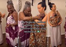 Video of Nigerian woman teaching oyinbo daughter-in-law traditional baby wrap technique