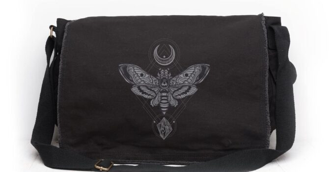 Black Lantern Canvas Messenger Bag – Moth Moon Rock – Aesthetic Crossbody Bags for Women & Men – Cute Vintage Cross Body Purse, Large Shoulder Bag with Zipper