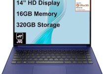 HP Stream Laptop, 14″ HD Display, Intel Celeron N4020 Processor, 16GB Memory, 320GB Storage (64GB eMMC + 256GB card), 1-Year Office 365,Webcam, HDMI, Wi-Fi, USB-C, Windows 11 Home, Indigo Blue, JVQ MP