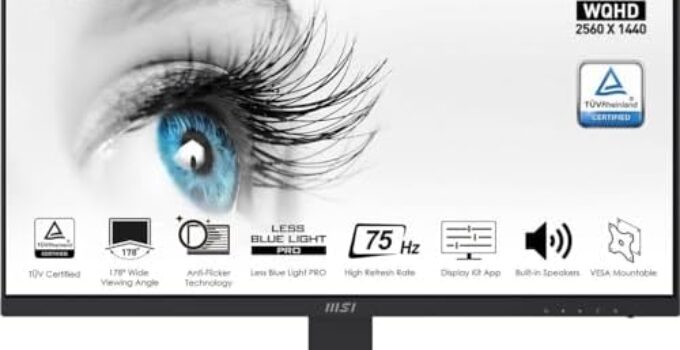 MSI Pro MP273QV, 27″ Monitor, 2560 x 1440(QHD) VA, 75Hz, TUV Certified Eyesight Protection, 1ms, Displayport, HDMI, Tilt, Black