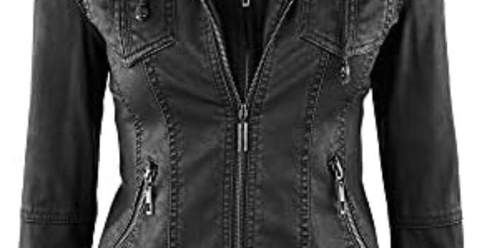 Made by Johnny MBJ Womens Faux Leather Motorcycle Jacket with Hoodie