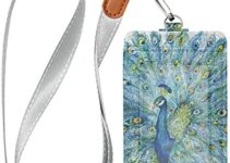 OTVEE Watercolor Peacock Badge Holder Vertical Leather ID Badge Holder with Detachable Neck Lanyards, 1 Clear Plastic Window, 2 Card Slots ID Card Name Tag Badge Holder for Office School Staffs