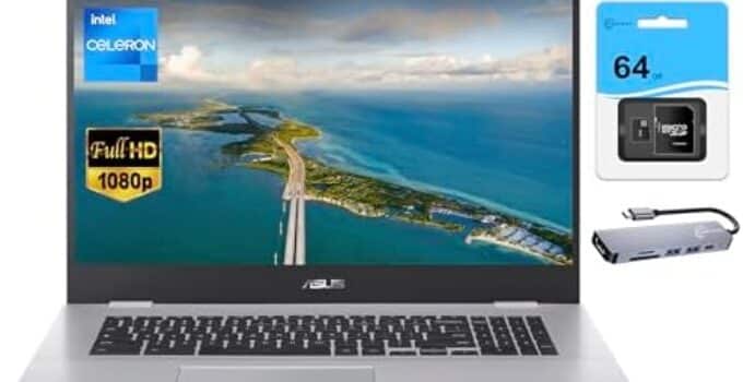 ASUS Chromebook Laptop 2023 Newest, 17.3″ FHD 1080p Widescreen, Intel Celeron N4500 (Upto 2.8GHz), 4GB RAM, 128GB Storage (64GB eMMC+64GB SD), Webcam, WiFi 6, Long Battery,Chrome OS,w/MarxsolAccessory