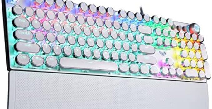 AULA F2088 Typewriter Style Mechanical Gaming Keyboard,Rainbow LED Backlit,Removable Wrist Rest,Media Control Knob,Retro Punk Round Keycaps,USB Wired Computer Keyboard,White