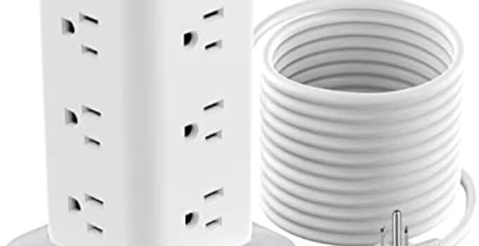 BEVA Power Strip Tower with USB Ports, 16 in 1 Surge Protector Tower, 12 AC and 4USB Ports, 10 FT Extension Cord with Multiple Outlets, Power Tower Charging Station for Office Supplies（White）