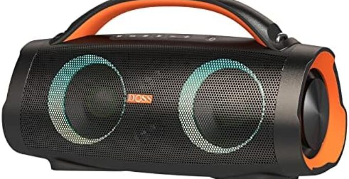 DOSS Extreme Boom+ IPX6 Waterproof Outdoor Speaker with 100W Massive Sound, Extra Bass, 20H Playtime, Built-in Power Bank, Mixed Color Light, Bluetooth Speaker for Camping, Beach, Outdoor-Orange
