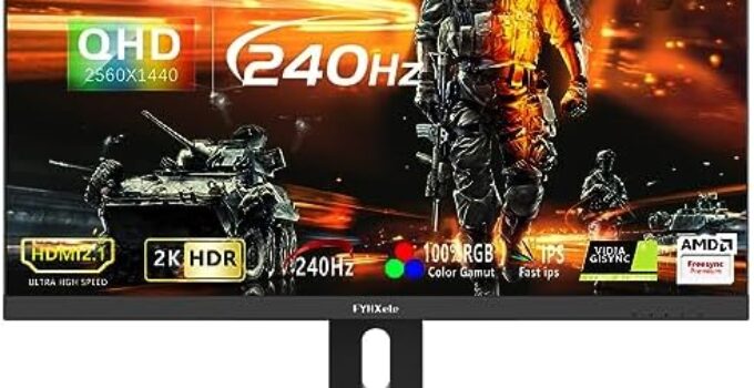 FYHXele 240Hz Gaming Monitor, 27 Inch QHD 2560x1440P IPS Computer Monitor, 1ms, VESA Mount, Dual Speaker, Free-sync, 2xHDMI2.1, 2xDP1.4, Audio Out, HDR 400,Height Adjustable Stand with Tilt & Pivot