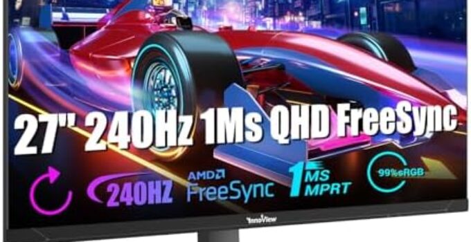 InnoView 27 Inch 240Hz QHD 1440p 1ms Gaming Monitor Height Adjustable 99% sRGB FreeSync HDR10 Eyes Care Computer PC Gamer Monitor with 3W*2 Speakers Built in DP HDMI for Game