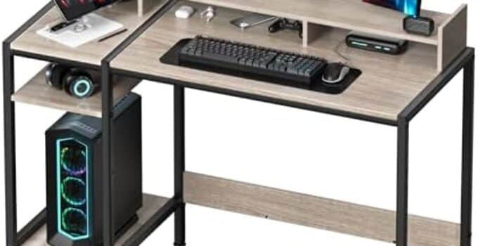MINOSYS Computer Desk – 47” Gaming Desk, Home Office Desk with Storage, Small Desk with Monitor Stand, Writing Desk for 2 Monitors, Adjustable Storage Space, Modern Design Corner Table, Gray.