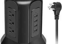 Power Strip Tower Surge Protector BEVA 10ft Flat Plug Desktop Charging Station 9 AC Outlets 4 USB Ports, 900 Joules, Long Extension Cord for Home Office Appliances Smartphones Computer Tablets(Black)