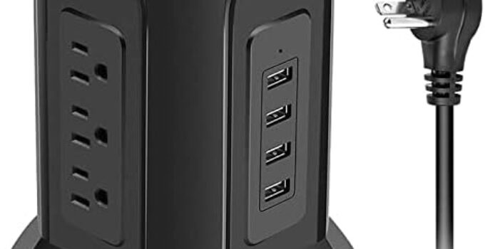 Power Strip Tower Surge Protector BEVA 10ft Flat Plug Desktop Charging Station 9 AC Outlets 4 USB Ports, 900 Joules, Long Extension Cord for Home Office Appliances Smartphones Computer Tablets(Black)
