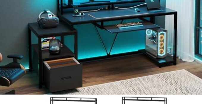 SEDETA 69″ Gaming Desk, Office Computer Desk with File Drawer & Storage Shelves, Gaming Desk with Led Lights & Monitor Shelf for Home Office, Black