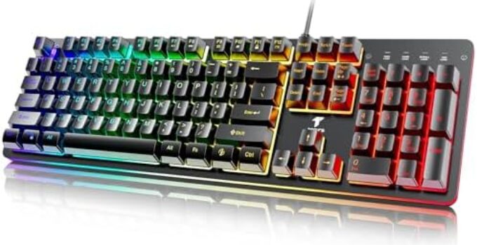 TECURS Membrane Gaming Keyboard – 104 Keys Full Size Programmable RGB Backlit Computer Keyboard, Silent USB Wired Keyboard with Multimedia Keys, Anti-ghosting Keys for Windows Desktop Laptop PC, Black