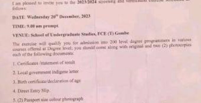 FCE Tech Gombe in Affiliation with ATBU Notice of Physical Screening/Verification for DE 2023/2024