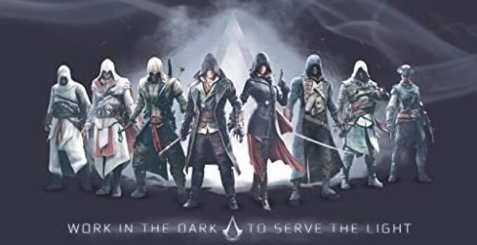 Assassins Creed Work In the Dark to Serve the Light Character Lineup Valhalla Origins Syndicate Odyssey Black Flag Bloodlines Assassins Creed Merchandise Gamer Cool Wall Decor Art Print Poster 24×36