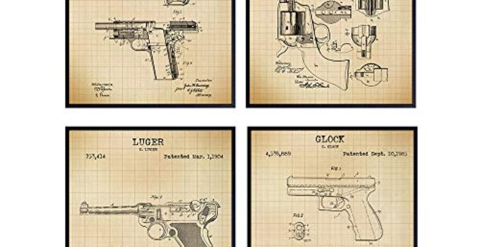 Famous Handgun Wall Art Patent Prints – Set of Four (8×10) Vintage Unframed Handgun Photos – Great Gift for Gun and Firearm Enthusiasts – Man Cave Home Decor – Graph