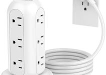 Flat Plug Power Strip Surge Protector Tower with 12 Outlets and 4 USB Ports(1 USB C PD 20W) 6.5FT (13A) Travel Power Strip with USB Ports Ultra Thin Plug for Home Office Supplies ETL Listed