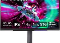LG 27″ UltraGear 4K UHD (3840×2160) Gaming Monitor, 144Hz, 1ms, VESA DisplayHDR 400, G-SYNC and AMD FreeSync Premium, HDMI 2.1, DisplayPort, 4-Pole HP Out DTS HP:X, Tilt/Height/Pivot Stand, Black