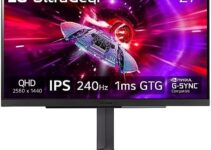 LG 27″ UltraGear QHD (2560×1440) Gaming Monitor, 240Hz, 1ms, VESA DisplayHDR 400, G-SYNC and AMD FreeSync Premium, HDMI 2.1, DisplayPort, 4-Pole HP Out DTS HP:X, Tilt/Height/Pivot Stand, Black