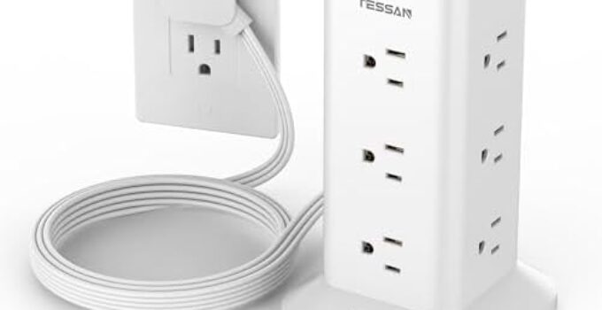 Power Strip Tower with Surge Protection, TESSAN Flat Plug Extension Cord 6 Feet with 12 Multiple Outlets 3 USB Ports (1 USB C), Surge Protector Tower for Home, Office Supplies, Dorm Room Essentials