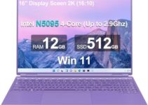 Ruzava/Aocwei 16″ Laptop 12+512GB Celeron Intel N5095 (Up to 2.9Ghz) 4-Core Win 11 PC with Cooling Fan 1920 * 1200 2K Screen Dual WiFi Support 2.5″ HDD 1TB SSD Expand for Game Work Study-Purple
