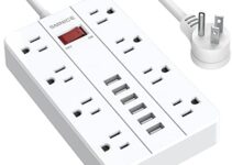 SMNICE Power Strip with USB, Surge Protector Flat Plug with 8 Widely Spaced Outlets and 6 USB Ports, 5ft Extension Cord Wall Mountable for Smartphone Tablet Laptop Computer Multiple Devices