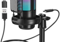 SPKPAL USB Microphone for PC, Podcast Microphone with RGB Light, Mute Button, Gain Knob for PS4/5, Mac, Phone, Gaming Mic with Pop Filter, Metal Stand, Headphones Jack for Streaming, Recording, Chat
