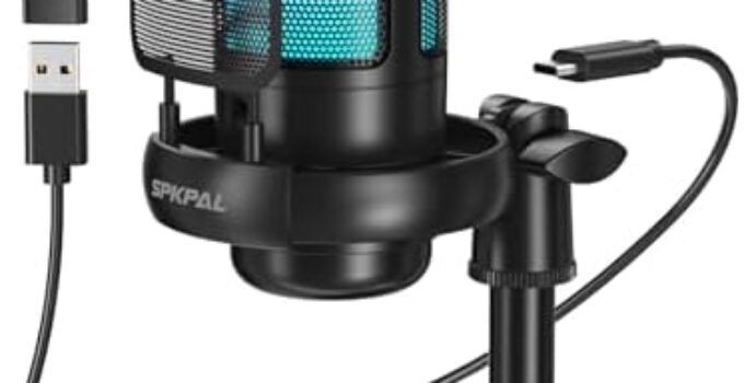 SPKPAL USB Microphone for PC, Podcast Microphone with RGB Light, Mute Button, Gain Knob for PS4/5, Mac, Phone, Gaming Mic with Pop Filter, Metal Stand, Headphones Jack for Streaming, Recording, Chat