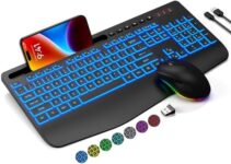 Wireless Keyboard and Mouse Combo with 7 Colored Backlits, Wrist Rest, Rechargeable Ergonomic Keyboard with Phone Holder, Silent Lighted Full Size Combo for Window, MacBook, PC, Laptop (Black)