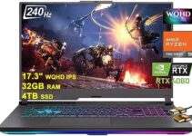 Asus ROG Strix G17 G713 Gaming Laptop 17.3″ WQHD IPS 240Hz AMD 12-Core Ryzen 9 7845HX (Beat i9-12900H) 32GB RAM 4TB SSD GeForce RTX 4060 8GB USB-C RGB Backlit Fast Charging Win11 Black + HDMI Cable