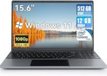 AMIAMO 15.6″ Laptop Computer, Intel Celeron N5095 Processors,12GB RAM, 512GB SSD, Full HD 1080P Display, USB 3.0, Bluetooth 4.2, Type-C, HDMI, 38000mWh Battery, Pre-Install Windows 11.