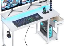 AODK Gaming Computer Desk with Power Outlet & LED Light Strip, 48 Inch Home Office Desk with Adjustable Monitor Stand, Writing Desk with a Drawer & Storage Shelf, PC Desk for Small Space, White