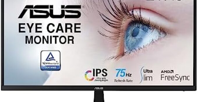 ASUS 22” (21.45” viewable) 1080P Eye Care Monitor (VZ22EHE) – Full HD, IPS, 75Hz, 1ms (MPRT), Adaptive-Sync, HDMI, Low Blue Light, Flicker Free, HDMI, VGA, Ultra-Slim,Black