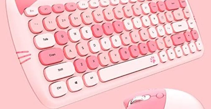 Cute Cat Keyboard and Mouse Combo Wireless, Kawaii Keyboard and Mouse for Girls and Kids, Soundless Colorful Keys, Compatible with Notebook, PC (Pink-84Keys)
