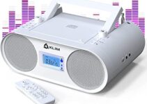 KLIM Boombox B4 CD Player Portable Audio System – New 2024 – AM/FM Radio with CD Player MP3 Bluetooth AUX USB – Wired & Wireless Mode Rechargeable Battery – Remote Control Autosleep Digital EQ White