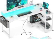 ODK 58 Inch Gaming Desk with USB Charging Ports and LED Lights, Reversible L Shaped Computer Desk with Storage Shelves & Monitor Stand, Corner Home Office Desk Table with Power Outlets, White