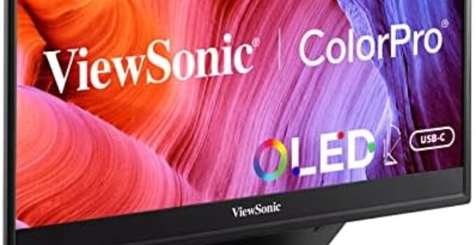 ViewSonic VP16-OLED 15.6 Inch 1080p Portable OLED Monitor with 2 Way Powered 40W USB C, Pantone Validated, Factory Calibrated, Built-in Ergonomic Stand with Protective Cover,Black